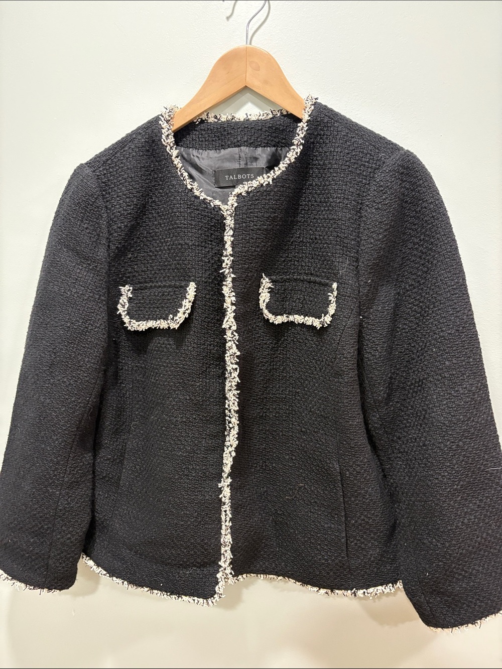 Talbots Black Tweed Jacket with White Fringe Trim . Brand new!